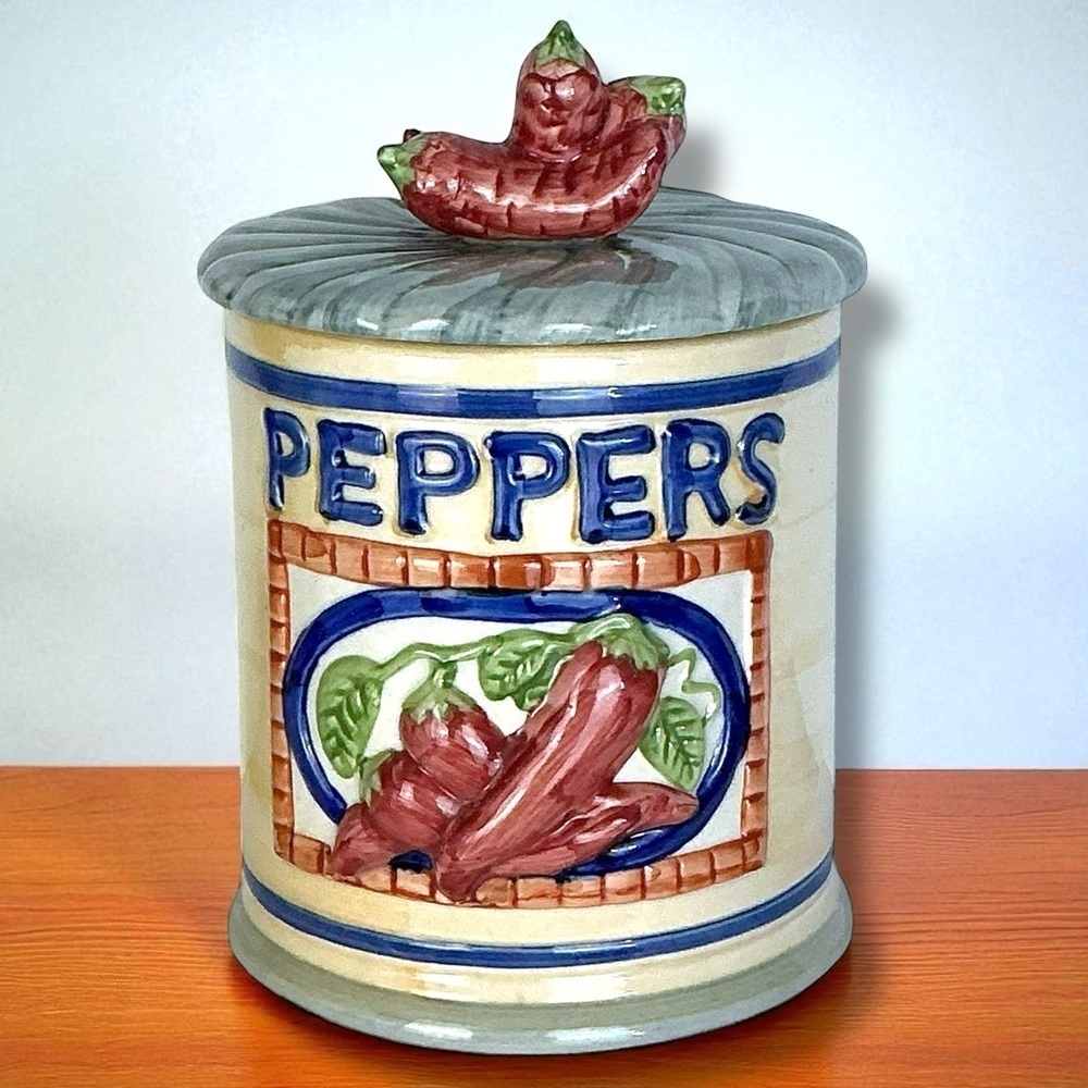Vintage Pepper Canister Farmhouse Stoneware Lidded Multicolor 4 Cup 7 1/2” 1996